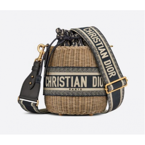 SAC SEAU DIOR WICKER Jacquard Dior Oblique Bleu et Mèche Naturelle M7600C