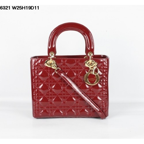 Christian Lady Dior Sac en cuir verni rouge foncé 6321 Or