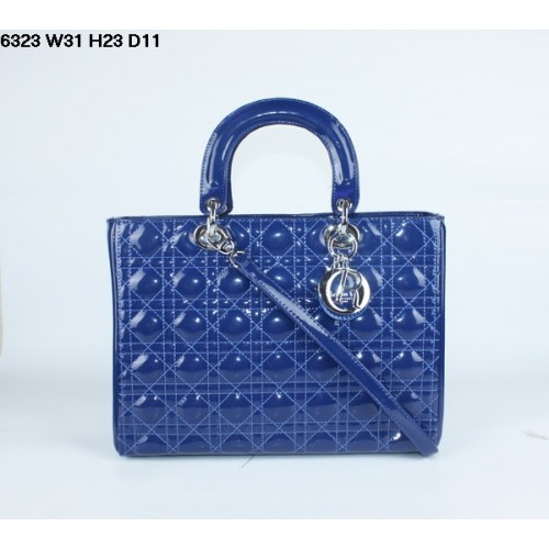 Christian Lady Dior Sac en cuir verni bleu 6323 Argent
