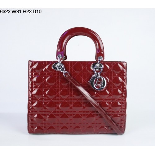 Christian Lady Dior Sac en cuir verni rouge foncé 6323 Argent