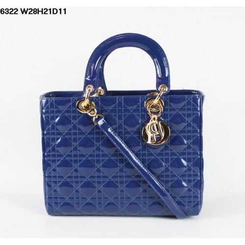 Christian Lady Dior Sac en cuir verni bleu 6322 Or