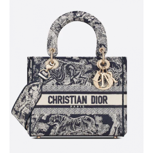 Dior MEDIUM LADY D-LITE BAG Bleu Toile de Jouy Broderie inversée M0565