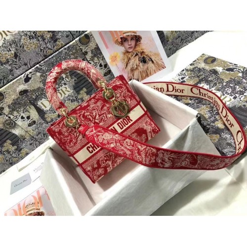 Dior MEDIUM LADY D-LITE BAG Denim brodé de fleurs M0565OJA Rouge