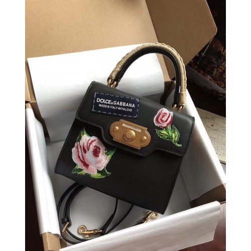 Dolce Gabbana SICILY Chrysanthème Sacs fourre-tout en cuir de veau 5588-2noir