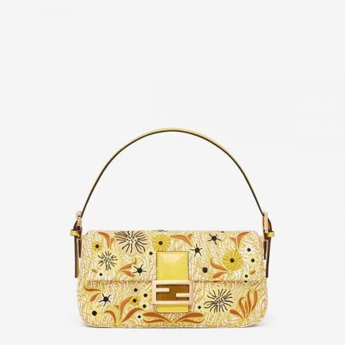 FENDI BAGUETTE 1997 Sac jacquard FF Vertigo avec broderie 8BR792 jaune