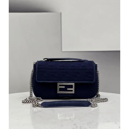 FENDI MIDI BAGUETTE CHAIN FF sac en tissu 8BR793 bleu foncé