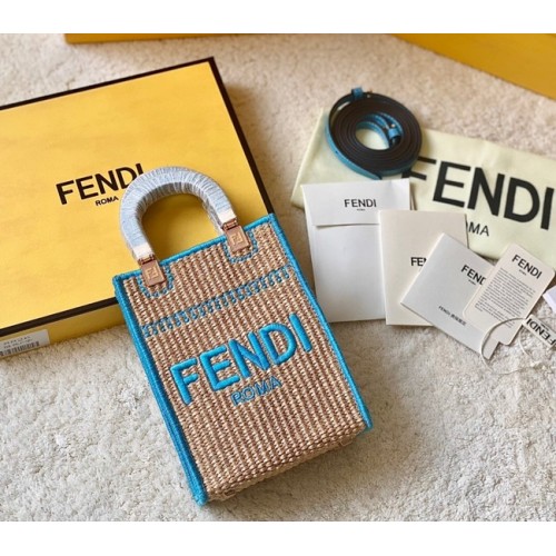 FENDI Mini Sunshine Shopper FF raphia mini-sac 8BS051A bleu