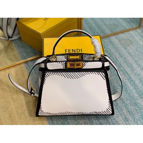 FENDI PEEKABOO ISEEU Sac moyen en cuir d'origine F1617 Blanc Noir