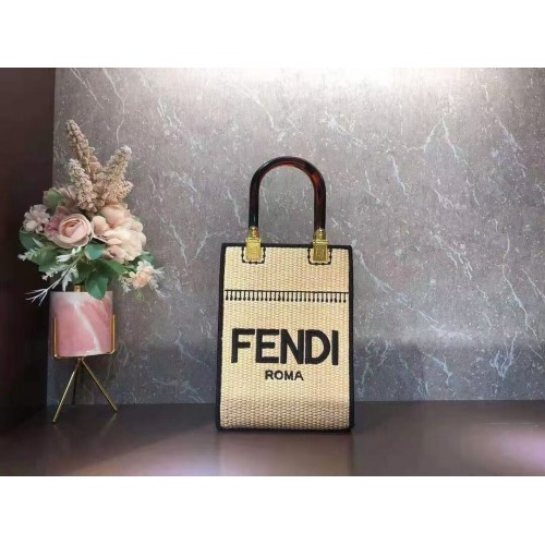 FENDI SUNSHINE SHOPPER Sac moyen en paille tressée F1620 abricot