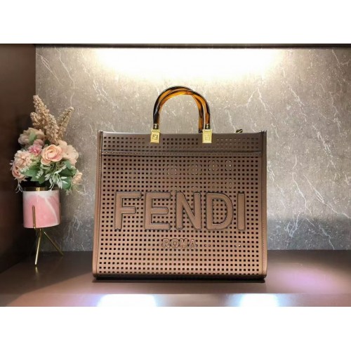 Fendi Sunshine Medium Shopper en cuir perforé bicolore 8BH386A Café