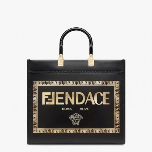Fendi Sunshine Medium Fendace Shopper logo en cuir noir imprimé 8BH386A