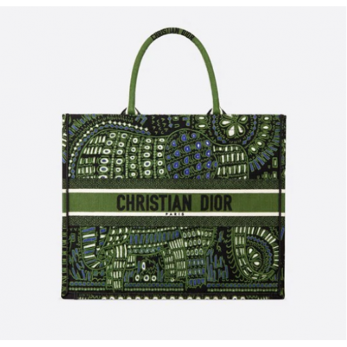 SAC BOOK TOTE VERT DIOR EN TOILE BRODÉE ANIMAUX DIOR M55E