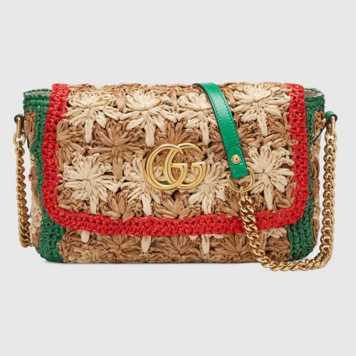 Gucci Petit sac à bandoulière en raphia GG Marmont 574433 Rouge et vert