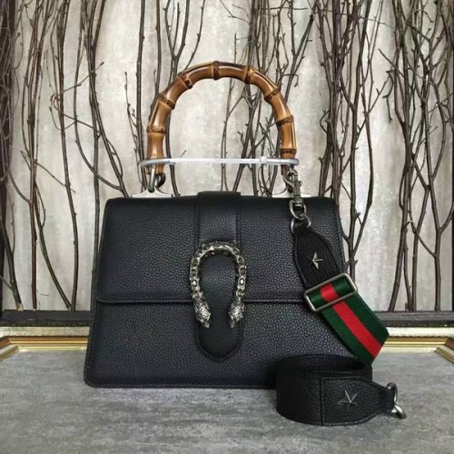 Gucci Now Sac à main en cuir à motif de litchi en bambou 448075 Noir