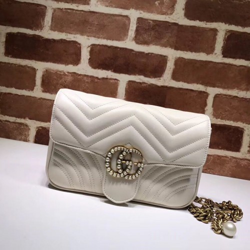 Gucci Pearl GG Marmont Petit sac à bandoulière en cuir d'origine Matelasse 443497 Blanc