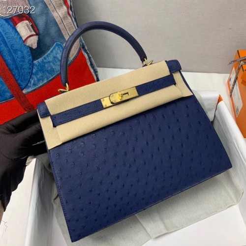 Hermes Kelly Bag cuir d'origine peau d'autruche H5600 bleu foncé