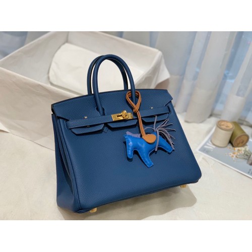 Sac Hermes Birkin 25CM Togo en cuir d'origine H25E bleu foncé