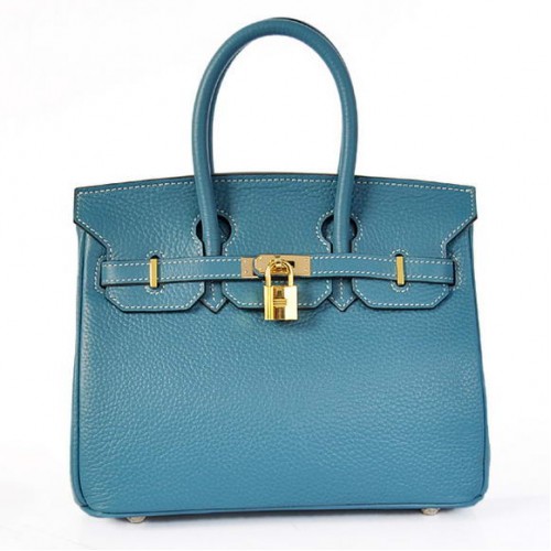 Hermes Birkin 25CM Tote Bags Togo Cuir Bleu Godlen