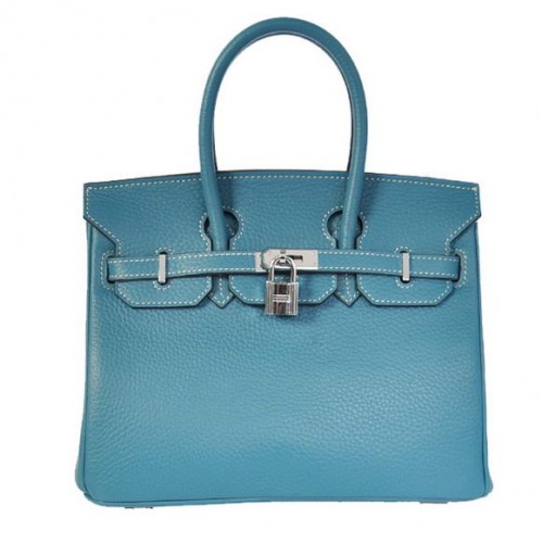 Hermes Birkin 25CM Tote Bags Togo Cuir Bleu Argent