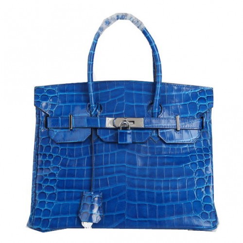 Sacs fourre-tout Hermes Birkin 30CM bleu cuir croco irisé argent