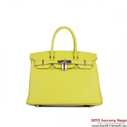 Hermes Birkin 30CM Tote Bags Citron Clémence Cuir Argent
