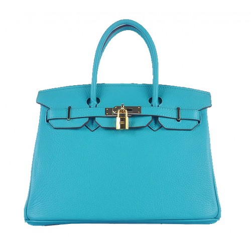 Sacs fourre-tout Hermes Birkin 30CM cuir grainé bleu clair or