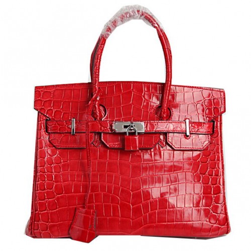 Sacs fourre-tout Hermes Birkin 30CM cuir croco rouge irisé argent