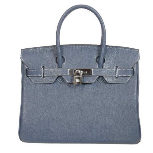 Sacs fourre-tout Hermes Birkin 30CM en cuir lisse Togo bleu foncé
