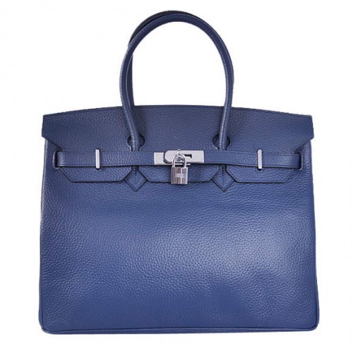 Sacs fourre-tout Hermes Birkin 35CM Togo cuir bleu foncé argent