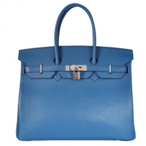 Sacs fourre-tout Hermes Birkin 35CM Togo cuir bleu moyen argent