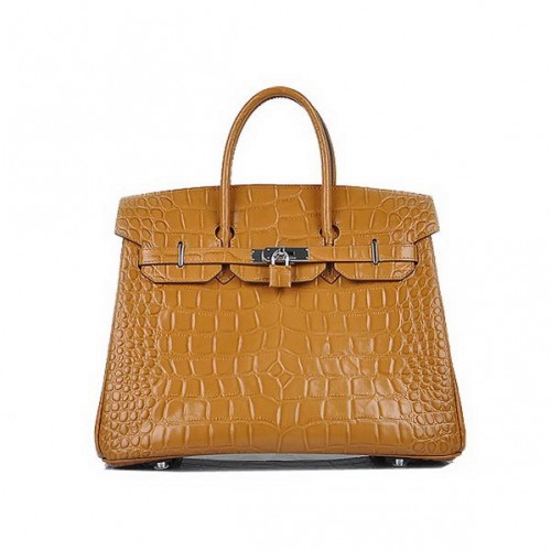 Date 2012 Hermes Birkin 35CM Light Coffee Croco Leather Tote Bag Silver