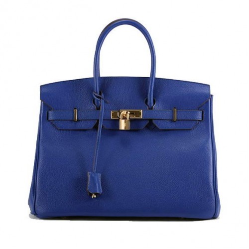 Sac à main Hermes Birkin 35CM en cuir lisse 6089 bleu foncé doré