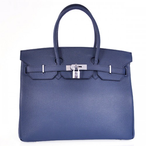 Hermes Birkin 35CM Sac à main en cuir lisse 6089 Argent bleu foncé