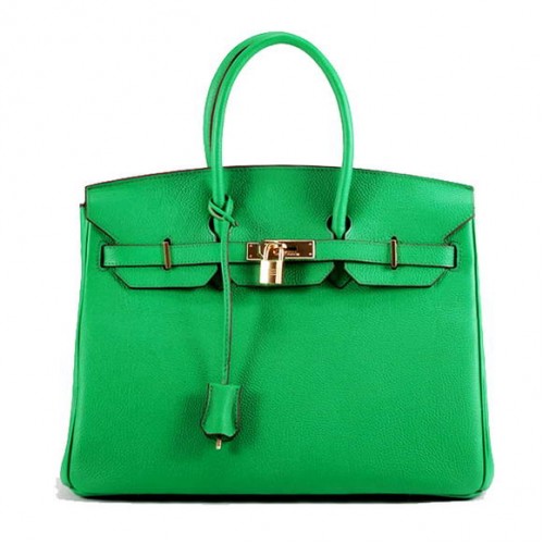 Hermes Birkin 35CM Sac à main en cuir lisse 6089 vert foncé doré