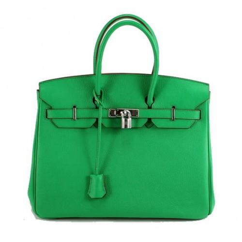 Hermes Birkin 35CM Sac à main en cuir lisse 6089 Argent vert foncé