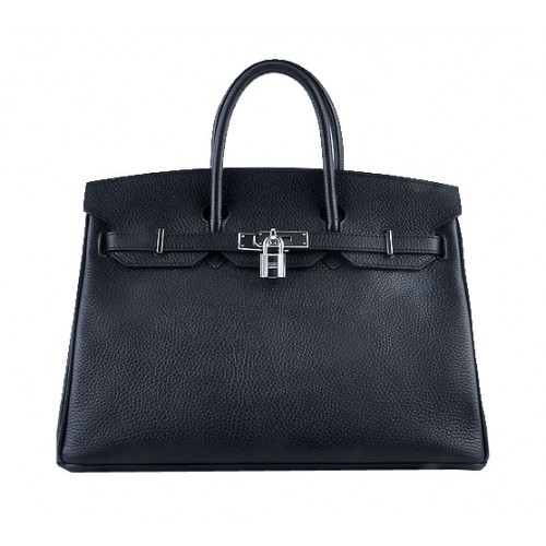 Sac fourre-tout Hermes Birkin 35CM en cuir grainé noir argent
