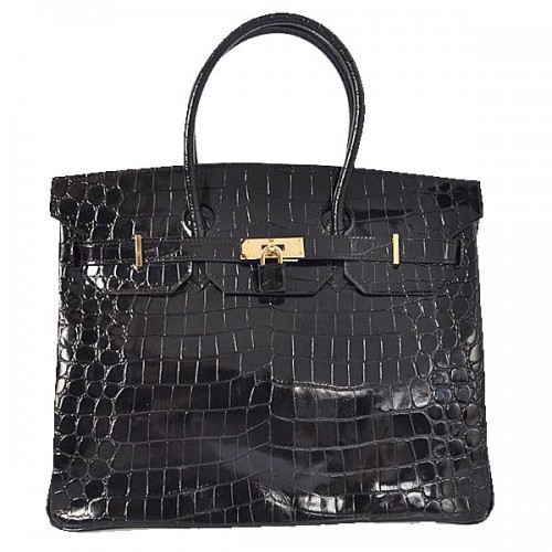 Sac fourre-tout Hermes Birkin 35CM en cuir croco noir irisé doré