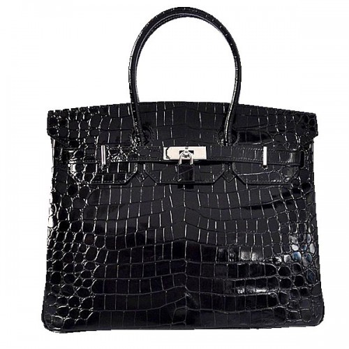 Sac fourre-tout Hermes Birkin 35CM en cuir croco noir irisé argenté