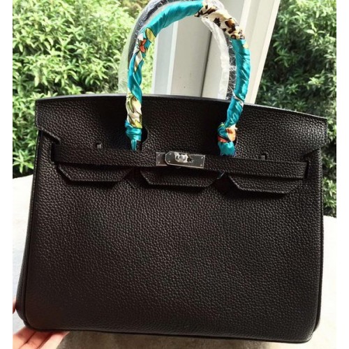 Sac fourre-tout Hermes Birkin 35CM en cuir de litchi noir BK35 argent