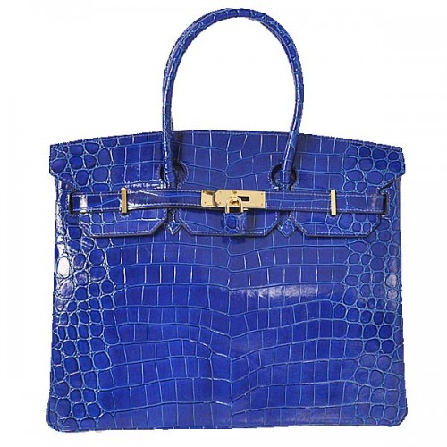 Hermes Birkin 35CM Cabas Bleu Cuir Croco Irisé Doré