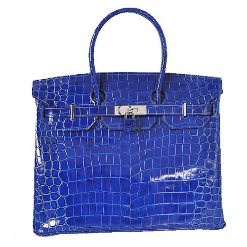 Hermès Birkin 35CM Cabas Bleu Cuir Croco Irisé Argent