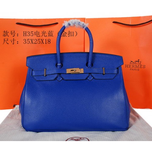 Hermes Birkin 35CM Tote Bag Bleu Original Cuir Grainé H35 Or