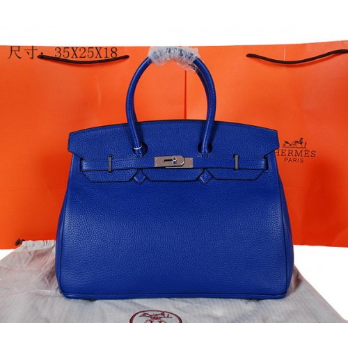 Hermes Birkin 35CM Cabas Bleu Original Cuir Grainé H35 Argent