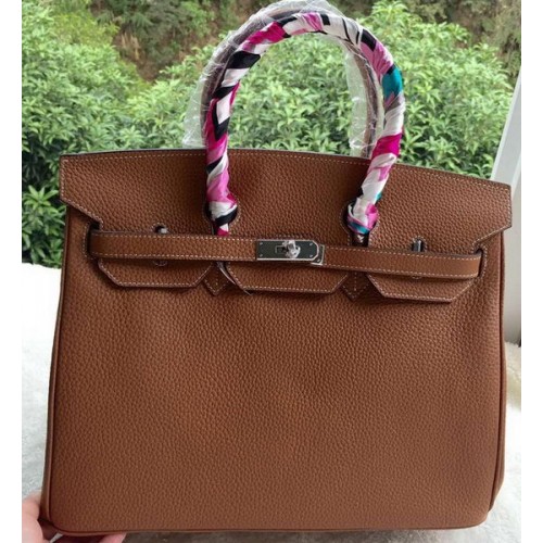Sac fourre-tout Hermes Birkin 35CM en cuir de litchi marron BK35 argent