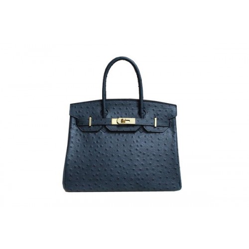 Hermes Birkin 35CM sac fourre-tout en cuir d'autruche bleu foncé BK35 or