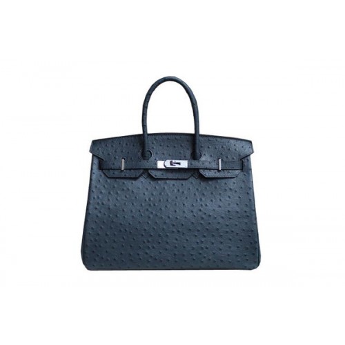 Hermes Birkin 35CM sac fourre-tout en cuir d'autruche bleu foncé BK35 argent