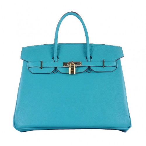 Sac cabas Hermes Birkin 35CM cuir grainé bleu clair or