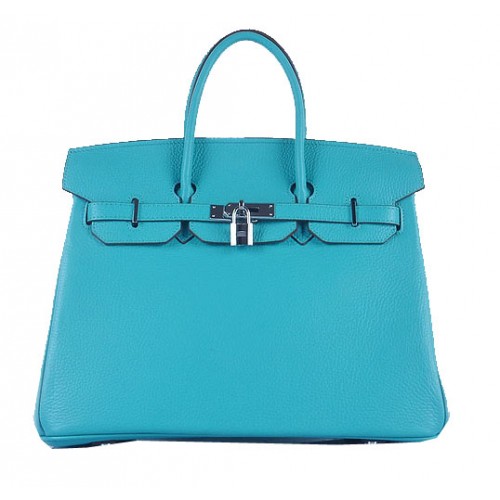 Sac fourre-tout Hermes Birkin 35CM bleu clair cuir granuleux argent
