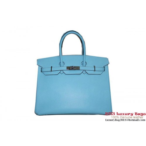 Hermes Birkin 35CM Tote Bag Light Blue Palm Pattern Cuir H6089 Argent