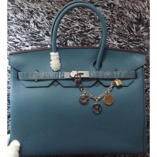 Hermes Birkin 35CM Sac fourre-tout en cuir de litchi HB35GL Bleu
